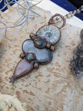 Load image into Gallery viewer, Ammonite Mermaid Amulet with Peach and Grey Moonstone