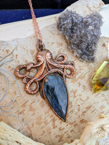 Copper Electroformed Octopus and Labradorite