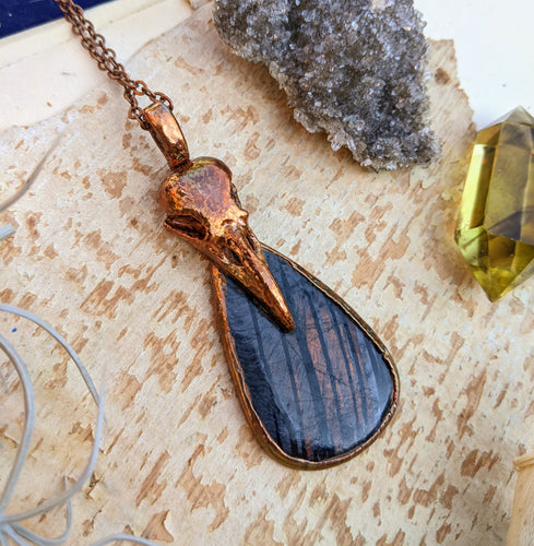 Copper Electroformed Crow Skull and Hypersthene