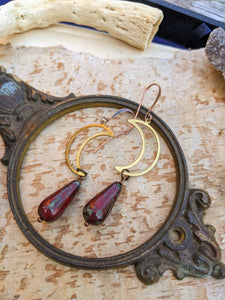 Open Brass Moon and Red Drop Earrings