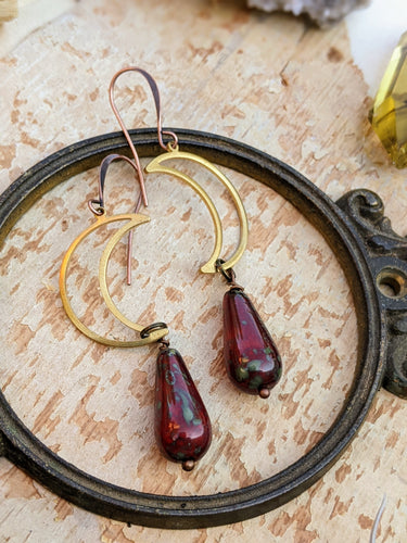 Open Brass Moon and Red Drop Earrings