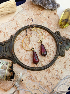 Open Brass Moon and Red Drop Earrings
