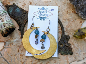 Big Brass Moon Earrings with Labradorite and Apatite
