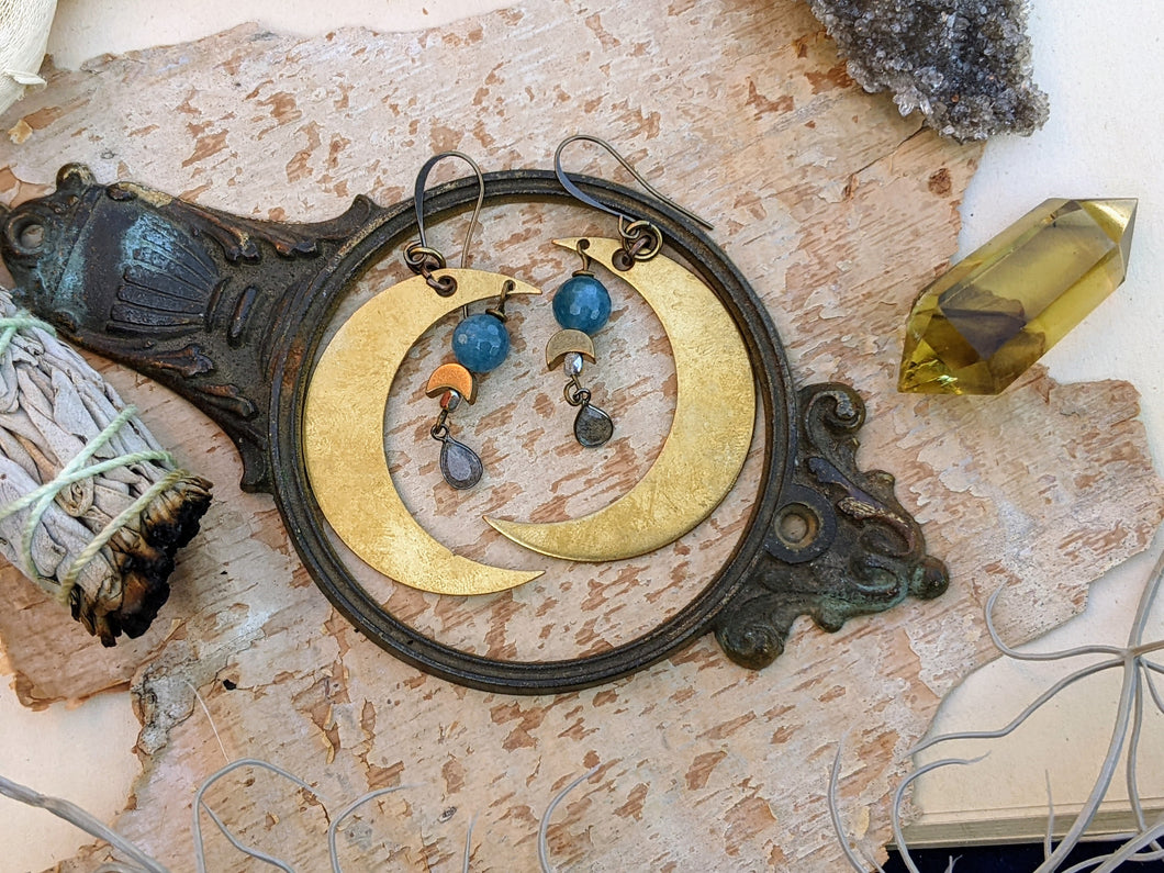 Big Brass Moon Earrings with Labradorite and Apatite