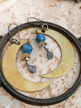 Load image into Gallery viewer, Big Brass Moon Earrings with Labradorite and Apatite