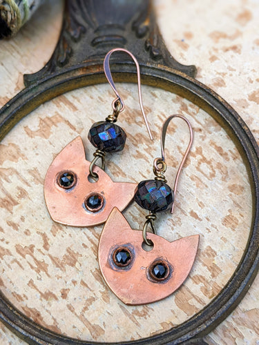 Faceted Black Spinel Cat Eye Copper Electroformed Earrings