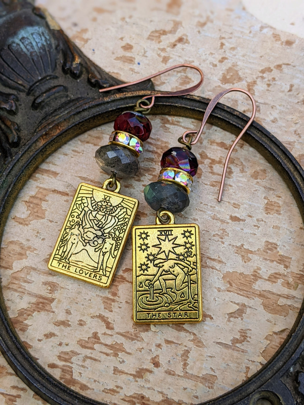 Metal Tarot Card Earrings - Labradorite - Star and Lovers
