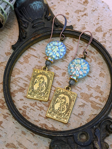 Metal Tarot Card Earrings - The World