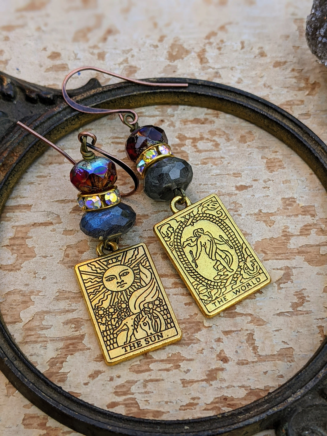 Metal Tarot Card Earrings - Labradorite - Sun and World