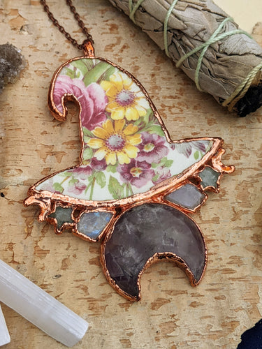 Witches' Tea Party - Cottagecore Ceramic Witch Hat Electroformed Necklace #2