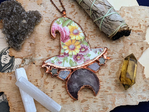 Witches' Tea Party - Cottagecore Ceramic Witch Hat Electroformed Necklace #2