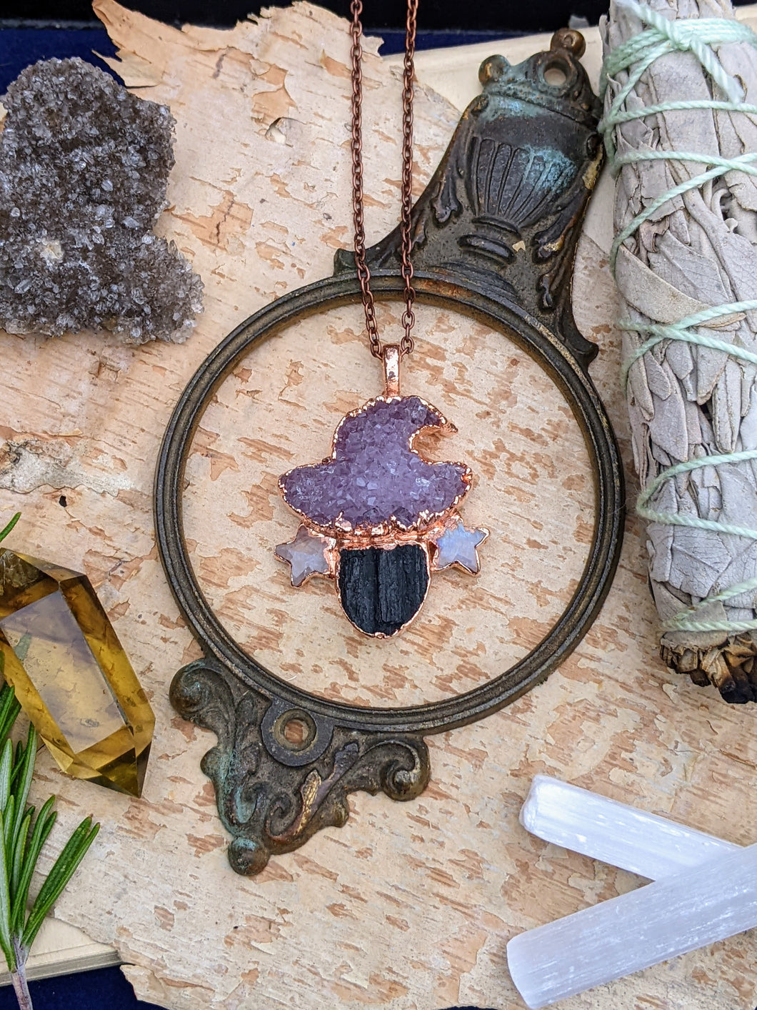 Witches' Tea Party 2022 - Purple Druzy Witch Hat Electroformed Necklace #1