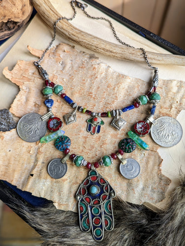 Moroccan Berber Enamel Necklace Set with Garnets and Lapis