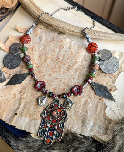 Moroccan Berber Enamel Hamsa Necklace with Garnets