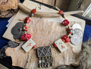 Blood and Bone - Prayer Box Necklace with Coral, Kuchi Coins, and Mahjong Tiles