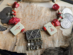 Blood and Bone - Prayer Box Necklace with Coral, Kuchi Coins, and Mahjong Tiles