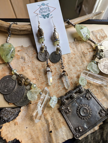 Prehnite, Aquamarine, and Quartz Kuchi Necklace Set