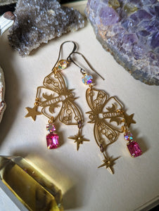 Pink Rhinestone Moon Moth Earrings