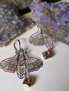 Rainbow Iridescent Rhinestone Moth Earrings 2