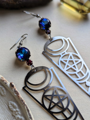 Witchy Star Moon Rhinestone Earrings - Silver 2