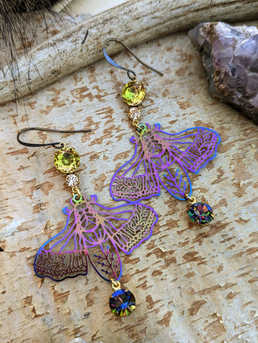 Rainbow Iridescent Rhinestone Moth Earrings