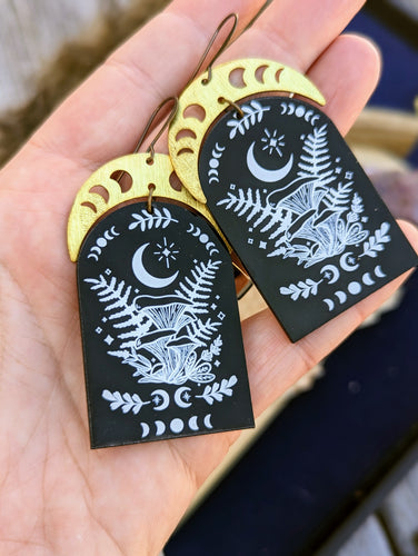 Acrylic Mushroom and Fern Earrings with Brass Moon Phase Crescents