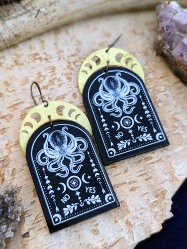 Acrylic Octopus Earrings with Brass Moon Phase Crescents