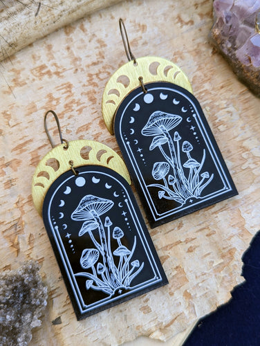Acrylic Mushroom Earrings with Brass Moon Phase Crescents