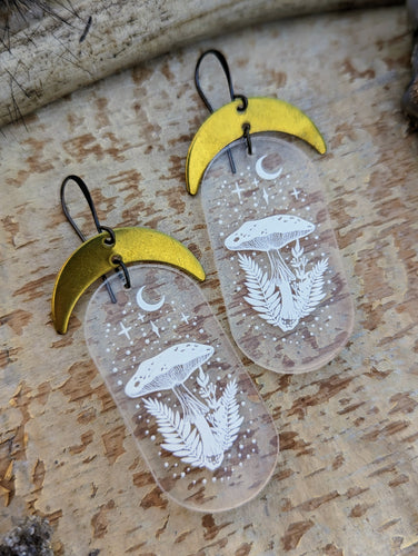 Clear Acrylic Mushroom Earrings with Brass Moons