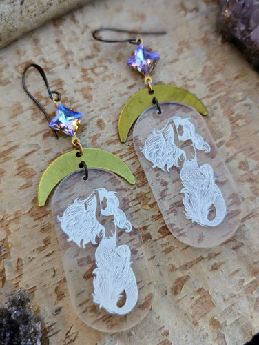Clear Acrylic Mermaid Earrings with Brass Moons and Rhinestones