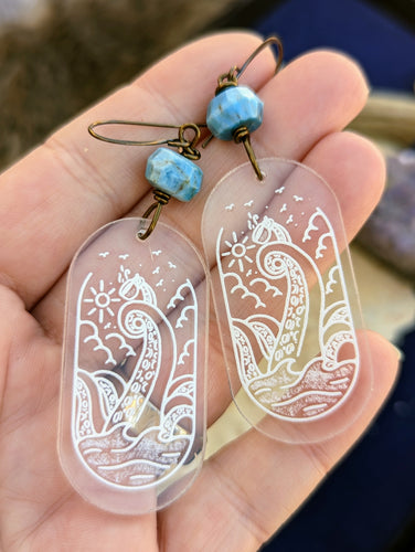 Clear Acrylic Octopus Tentacle Earrings with Apatite