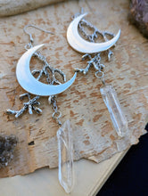 Load image into Gallery viewer, Silvertone Moon, Branch, and Quartz Earrings
