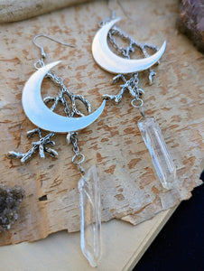Silvertone Moon, Branch, and Quartz Earrings