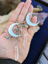 Load image into Gallery viewer, Silvertone Moon, Branch, and Quartz Earrings