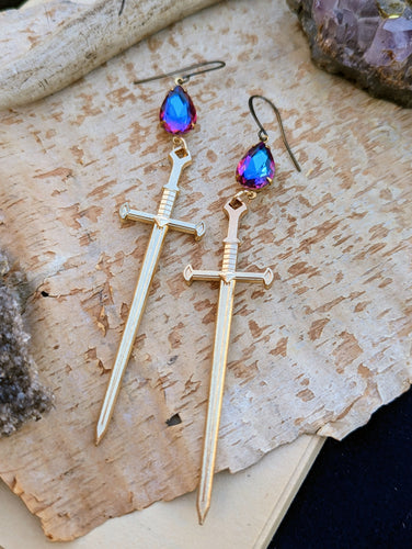 Large Sword Rhinestone Earrings - Gold