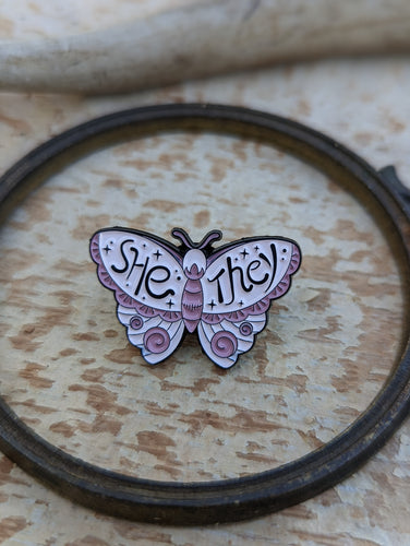 She / They Pronoun Pin - Moth / Butterfly