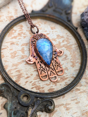 Moonstone Hamsa Copper Electroformed Necklace