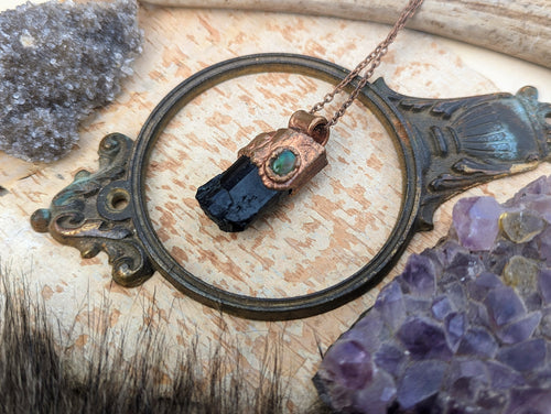 Black Tourmaline with Opal Copper Electroformed Necklace