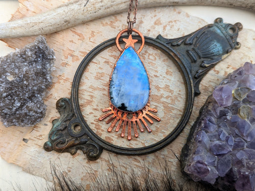 Tourmalinated Rainbow Moonstone Copper Electroformed Necklace