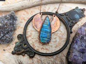 Labradorite Moon Copper Electroformed Moon Necklace