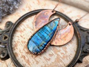 Labradorite Moon Copper Electroformed Moon Necklace