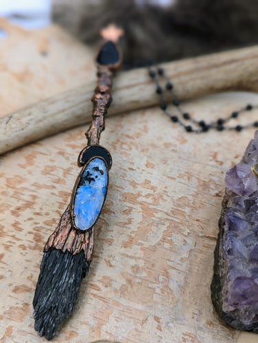 Electroformed Kyanite Witch Broom Necklace with Moonstone