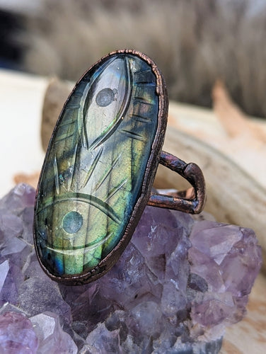 Size 12 Carved Evil Eye Labradorite Electroformed Ring