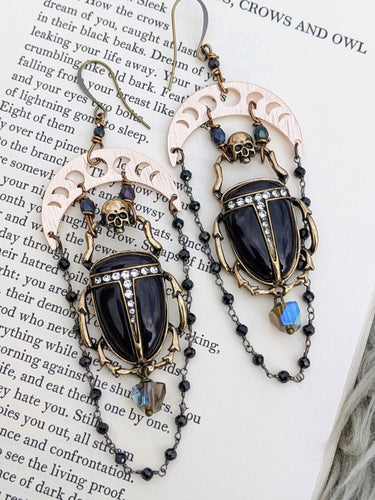 Celestial Black Beetle Earrings with Skulls